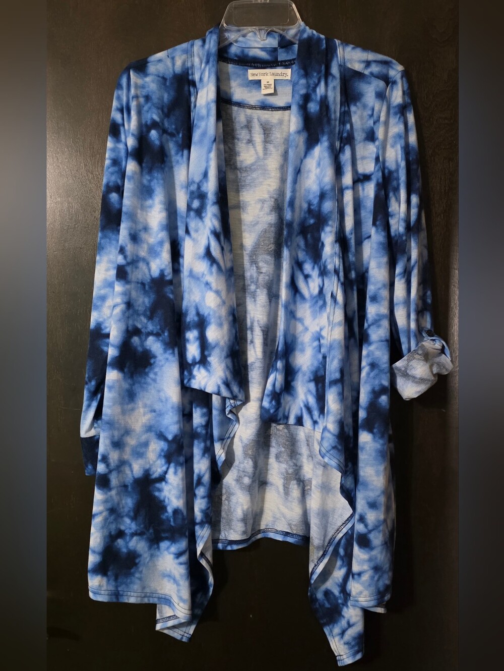 New York Laundry Blue Tie-Dye Open Front Jersey Cardigan Asymmetrical Size M